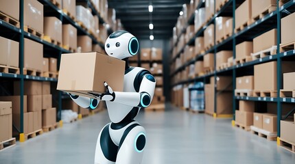 humanoid robot carrying a cardboard box in a warehouse for delivering ecommerce products orders setting with shelves in the background created with generative ai