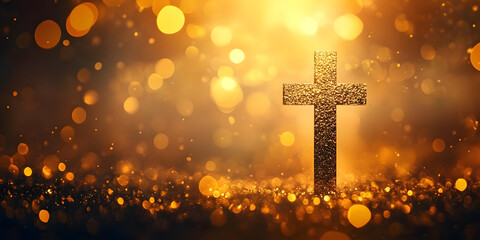 Wall Mural - Beautiful gold bokeh background with a christian cross