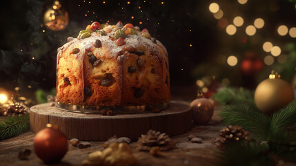 A cake with candles on it is sitting on a plate on a table. The candles are lit and the cake is decorated with fruit. Scene is festive and celebratory