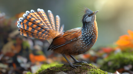 Temminck's Tragopan in Autumn Glory: A vibrantly plumaged Temminck's Tragopan, perched on a mossy stone, showcases its intricate feather patterns amidst a backdrop of warm autumnal hues. 