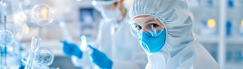 Canvas Print - Woman Scientist in Lab Coat with Protective Gear