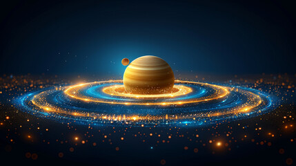 Wall Mural - This visual depicts a large gaseous planet at the center, encircled by radiant rings that shimmer with light. A small moon floats nearby amidst a cosmic backdrop of stars.