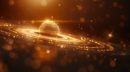 Wall Mural - A vibrant golden planet is encircled by shimmering rings, radiating light in a dark, expansive cosmic background. The scene captures the beauty of celestial elements and star formations.