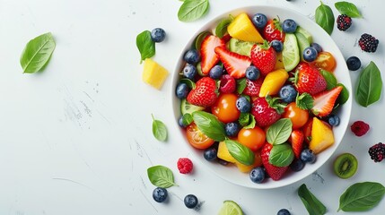 Canvas Print - Fresh Fruit Salad Bowl with Basil and Berries