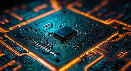 Poster - Glowing microchip with circuit pattern abstract background