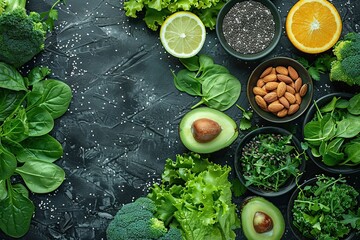 Canvas Print - Healthy Green Foods and Ingredients on Black Background