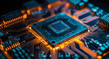 Poster - Glowing microchip with circuit pattern abstract background