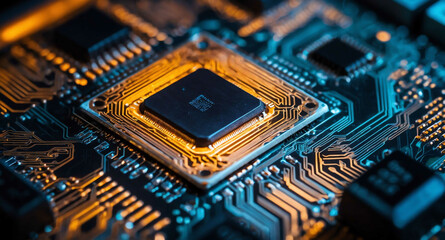 Poster - Glowing microchip with circuit pattern abstract background