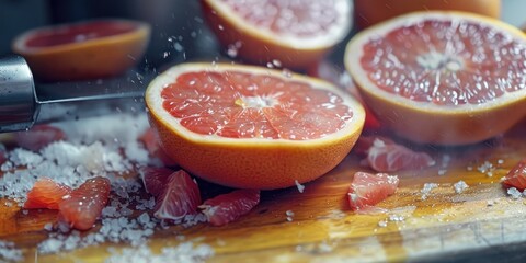 Poster - Preparing sliced peeled red grapefruit to highlight its juicy citrus flavor.