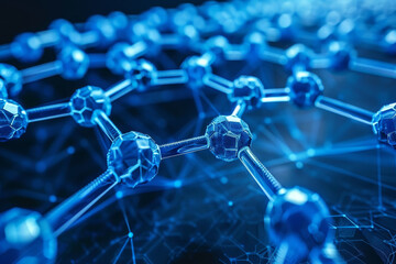 A vibrant blue molecular structure displays interconnected nodes and strands, showcasing the complexity of chemical bonds in a digital representation. This depiction emphasizes modern science.