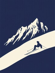 Poster - A sleek skier silhouette elegantly descends a snowy mountain, capturing the essence of winter sports in a minimalist design. Generative AI