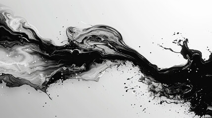 Poster - A striking abstract composition features swirling black and white fluid patterns interspersed with splashes against a light backdrop, conveying a sense of movement and creativity.