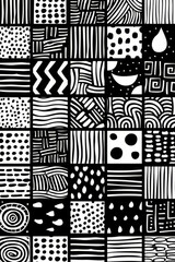 Poster - A collection of diverse black and white abstract patterns, featuring various designs such as stripes, dots, and waves, all organized neatly in a grid format on a canvas.