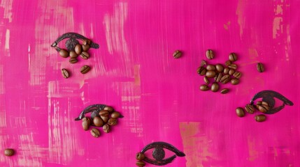 Aufkleber - A playful and abstract composition featuring eye illustrations surrounded by scattered coffee beans on a bold pink background. The image combines artistic elements with a vibrant color palette to