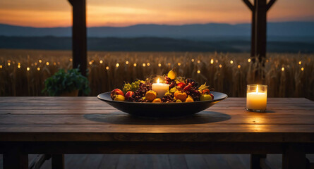 Harvest table with glowing lights abstract background