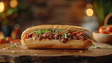 Wall Mural - Delicious Vietnamese Banh Mi with Steaming Meat