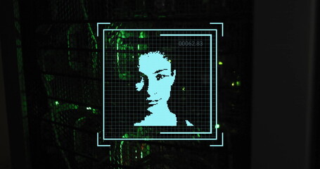 Poster - Image of biometric photo and digital data processing over computer servers