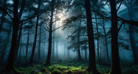 Wall Mural - Haunted forest glowing mist abstract background