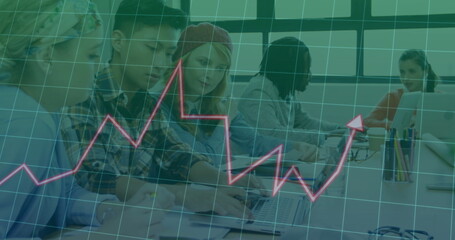 Poster - Image of financial data processing over diverse business people in office