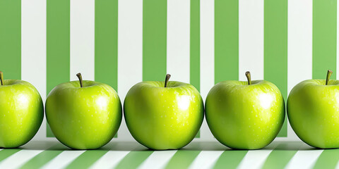 Vibrant green apples aligned against striped green and white background