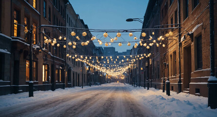 Canvas Print - Holiday lights on snowy city street background