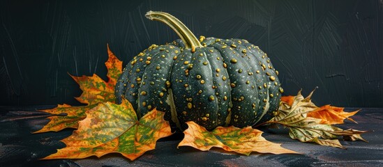 Wall Mural - Green Warty Pumpkin With Golden Maple Leafs On Black Background