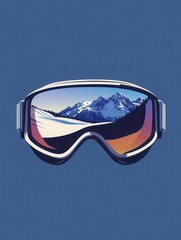 Wall Mural - A sleek logo featuring ski goggles showcases stunning reflections of majestic snow-covered mountains under a bright sky. Generative AI