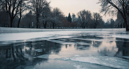 Canvas Print - Ice skating rink in snowy park background