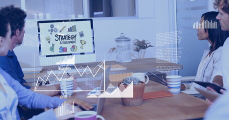 Poster - Image of financial data processing over diverse business people in office