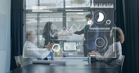 Poster - Image of financial data processing over diverse business people in office