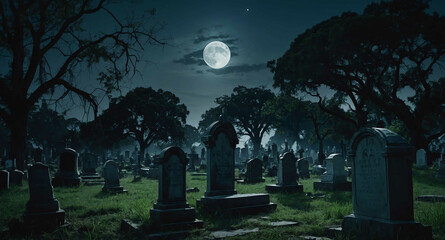 Canvas Print - Moonlit cemetery with overgrown tombstones background