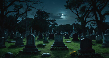 Poster - Moonlit cemetery with overgrown tombstones background