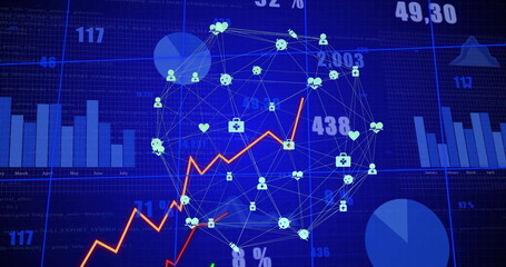 Sticker - Image of digital data processing over globe with network of connections