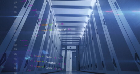 Wall Mural - Computer code image over data center servers in hallway