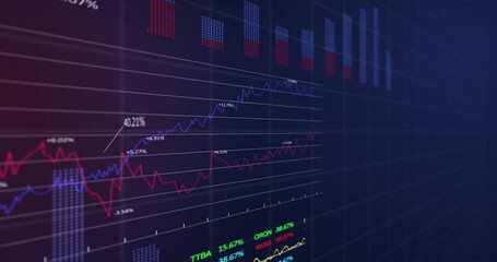 Wall Mural - Image of financial data processing over grid on dark background