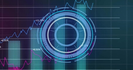 Sticker - Image of financial data processing over grid on dark background