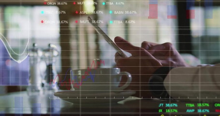 Poster - Image of financial data processing over caucasian man using smartphone