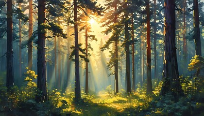 Wall Mural - A peaceful forest with towering trees and sunlight shining through the clouds, showing the beauty and peace of nature.