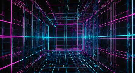 Poster - Neon tech grid with glowing connections abstract background
