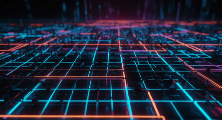 Poster - Neon tech grid with glowing connections abstract background