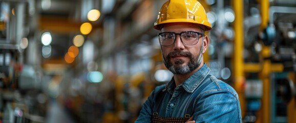 A man in a yellow hard hat and blue jeans is standing in a factory