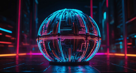 Poster - Neon tech sphere with glow abstract background