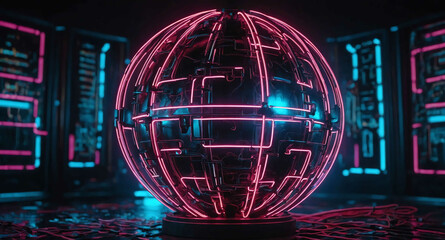 Poster - Neon tech sphere with connections abstract background