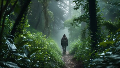 The secluded forest paths, dense green plants and dim light intertwined, creating a mysterious and peaceful atmosphere for travelers walking through nature.