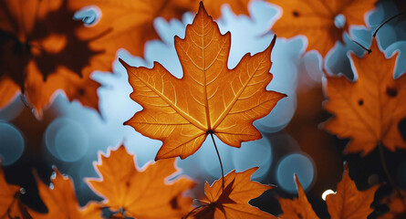 Wall Mural - Orange maple leaf shapes glowing abstract background