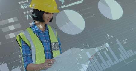 Poster - Image of financial data processing over biracial female architect using tablet