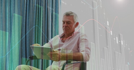 Poster - Image of financial data processing over senior caucasian man using tablet