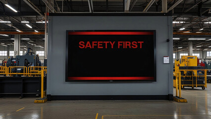 Wall Mural - A safety first sign industry factory monitors warning machine working auto danger