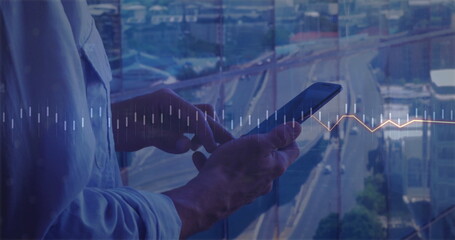 Aufkleber - image of diagrams and data processing over caucasian businessman using smartphone