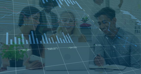 Poster - Image of financial data processing over diverse colleagues discussing work in office